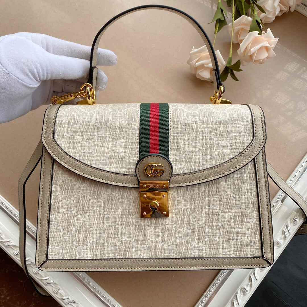 Bolsa Satchel Couro Alça Superior Padrão Listra Verde e Vermelha Pequena
