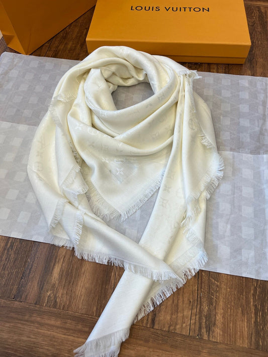 Echarpe Xale Tecido Branco Padrão Monograma Geométrico