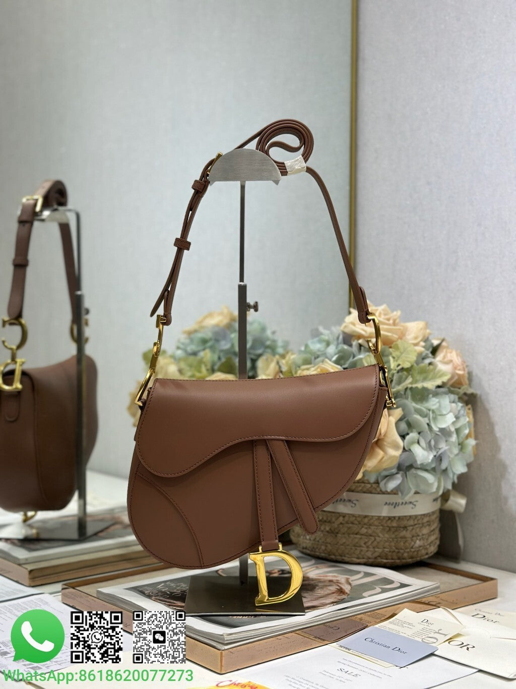 Bolsa Saddle Lona Padrão Inclinado Bege