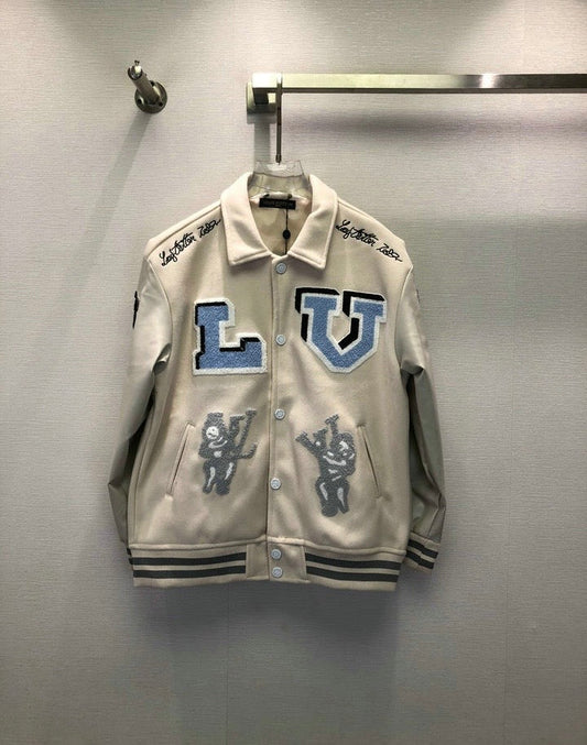Jaqueta Varsity Couro e Lã Aplicações Coloridas