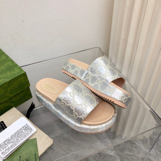 Sandália Plataforma Prata Jacquard Tira Frontal 55mm
