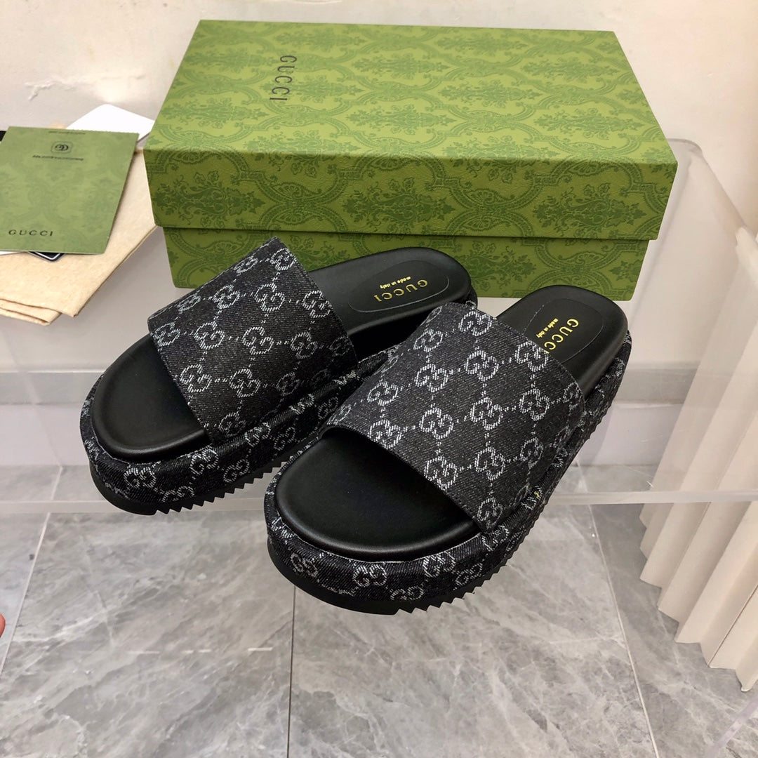 Sandália Plataforma Jeans Jacquard Preto 55mm