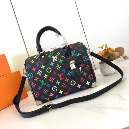 Bolsa Satchel Couro Padrão Monograma Geométrico Marrom 30cm