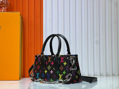 Bolsa Tote Couro Padrão Monograma Geométrico Marrom