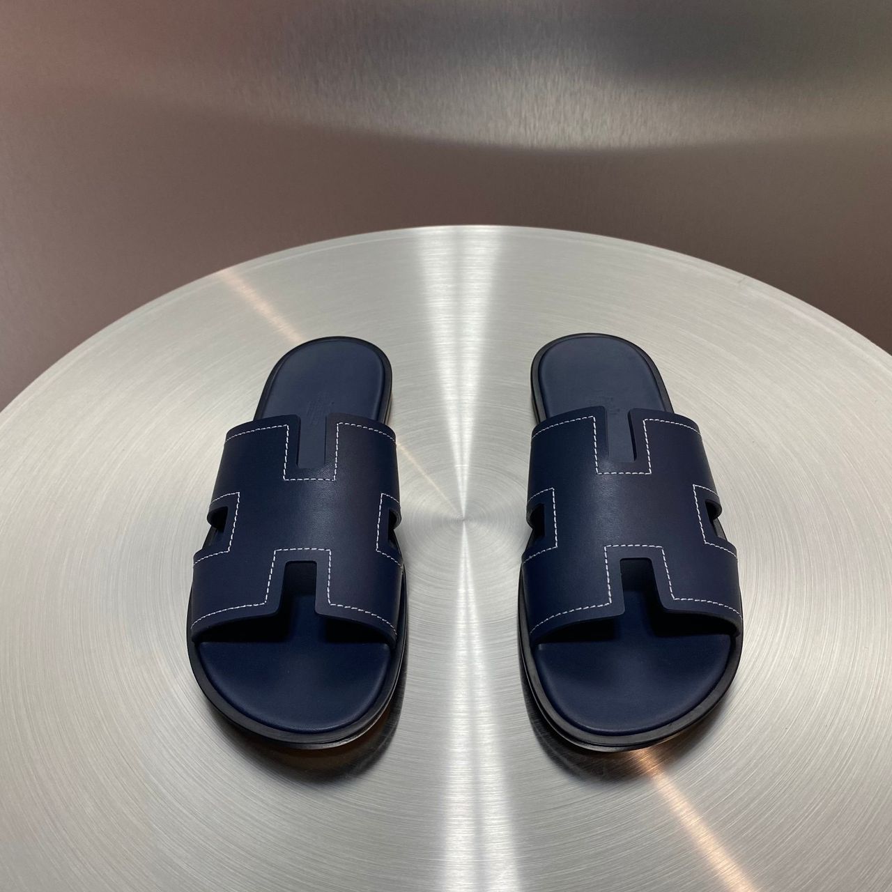 Sandália Couro Epson Azul Marinho Tira Vazada