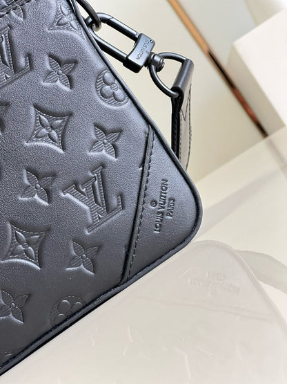 Bolsa Messenger Couro Preto Detalhe Duplo