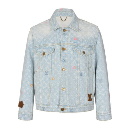 Jaqueta Jeans Padrão Monograma Geométrico Azul