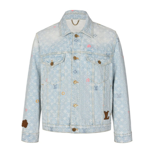 Jaqueta Jeans Padrão Monograma Geométrico Azul