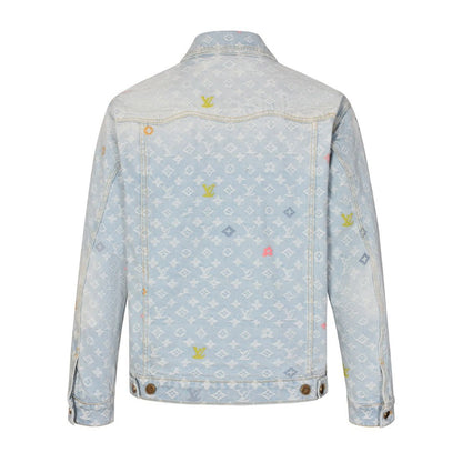 Jaqueta Jeans Padrão Monograma Geométrico Azul