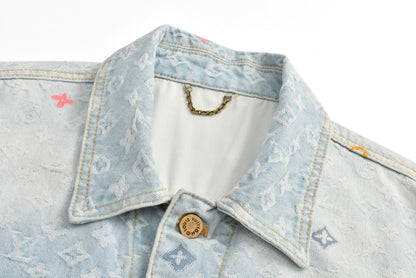 Jaqueta Jeans Padrão Monograma Geométrico Azul