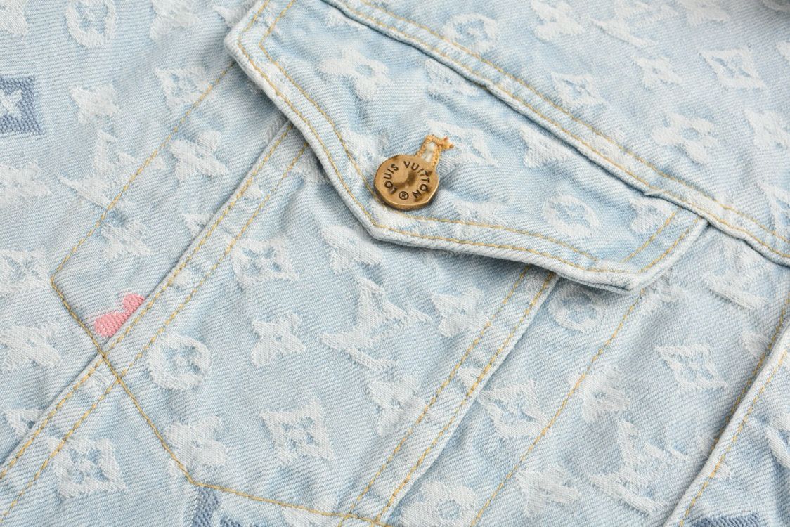 Jaqueta Jeans Padrão Monograma Geométrico Azul