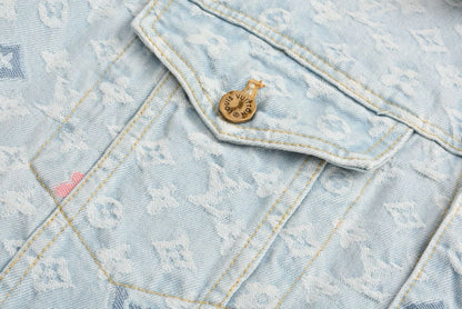 Jaqueta Jeans Padrão Monograma Geométrico Azul