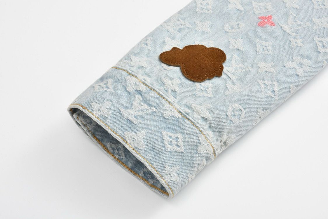 Jaqueta Jeans Padrão Monograma Geométrico Azul