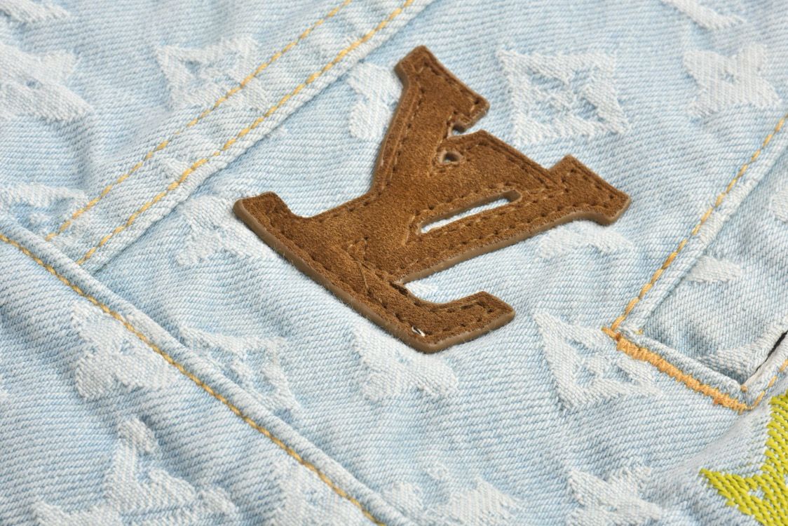 Jaqueta Jeans Padrão Monograma Geométrico Azul