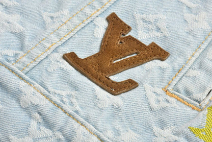 Jaqueta Jeans Padrão Monograma Geométrico Azul