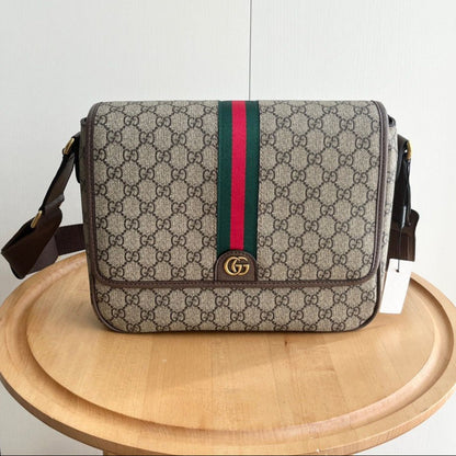 Bolsa Mensageiro Couro Bege com Listra Verde e Vermelha