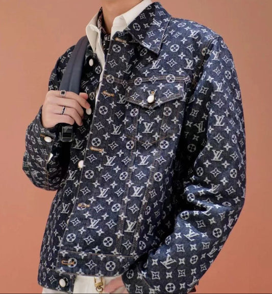 Jaqueta Jeans Jacquard Padrão Monograma Geométrico