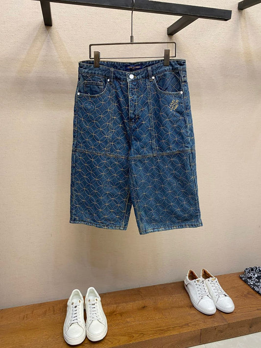 Short Jeans Padrão Monograma Geométrico Azul