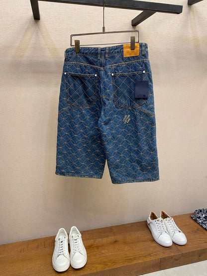 Short Jeans Padrão Monograma Geométrico Azul