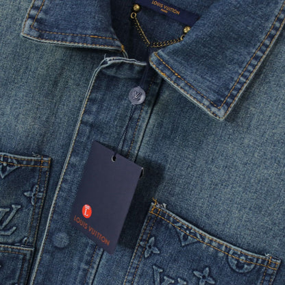 Jaqueta Jeans Azul Padrão Monograma Geométrico