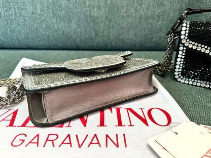 Bolsa Ombro Couro Preto Aplicações Rhinestone