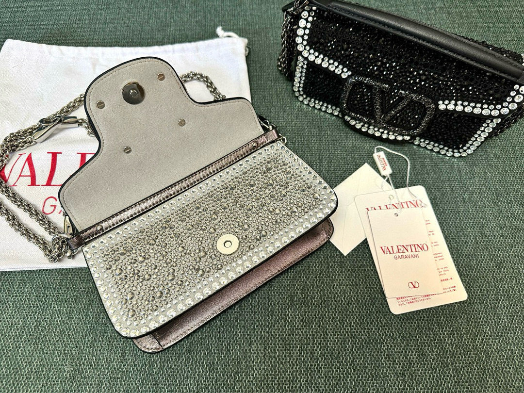 Bolsa Ombro Couro Preto Aplicações Rhinestone