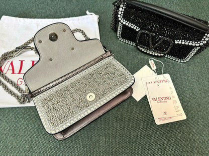 Bolsa Ombro Couro Preto Aplicações Rhinestone