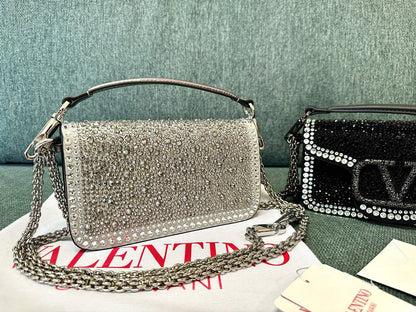 Bolsa Ombro Couro Preto Aplicações Rhinestone