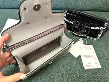 Bolsa Ombro Couro Preto Aplicações Rhinestone