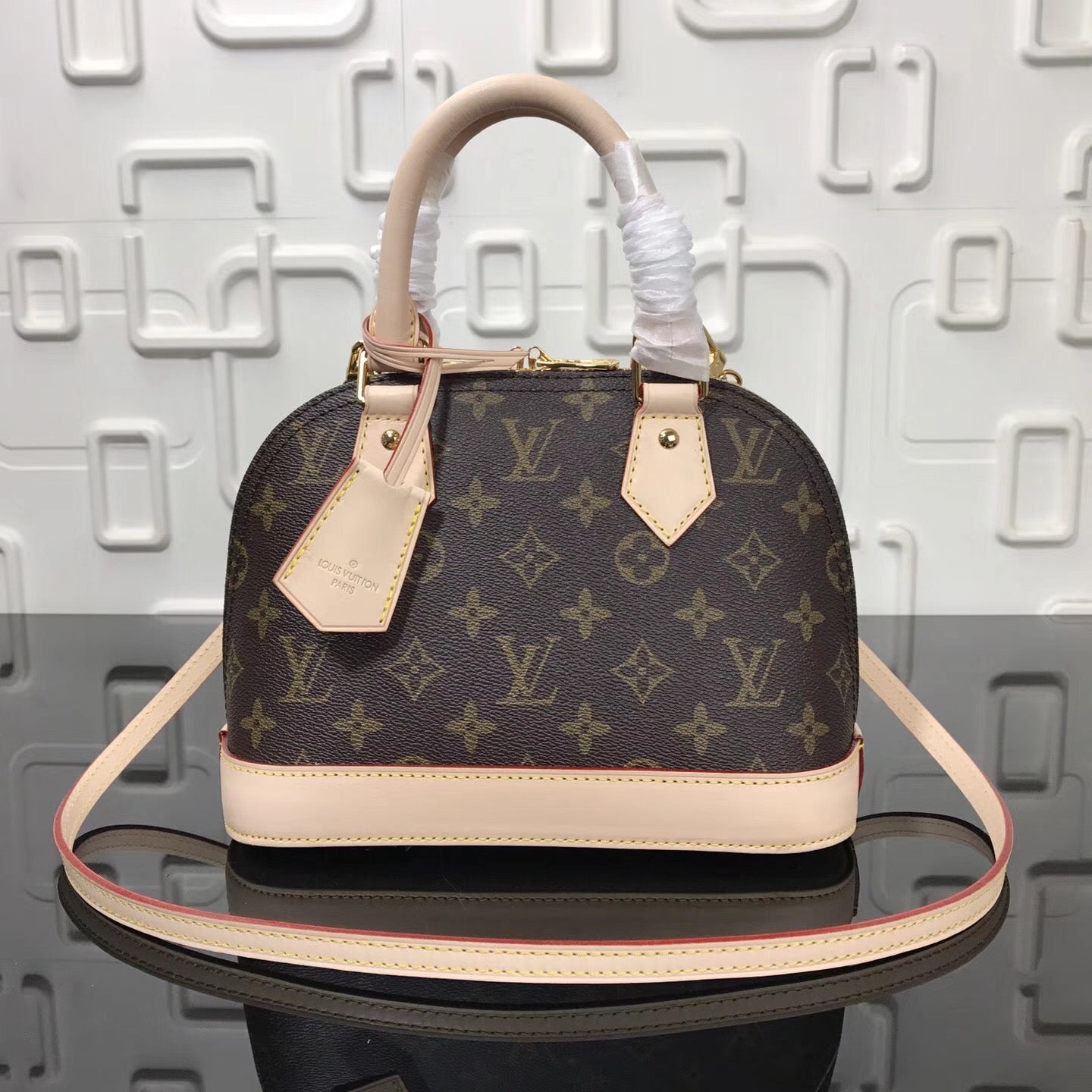 Bolsa Satchel Couro Padrão Monograma Geométrico Marrom Pequena