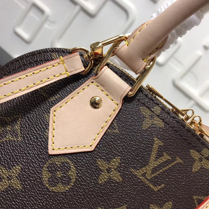 Bolsa Satchel Couro Padrão Monograma Geométrico Marrom Pequena