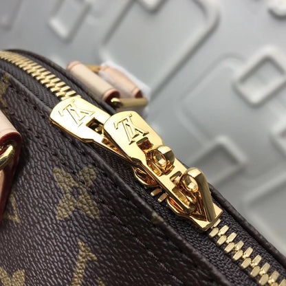 Bolsa Satchel Couro Padrão Monograma Geométrico Marrom Pequena