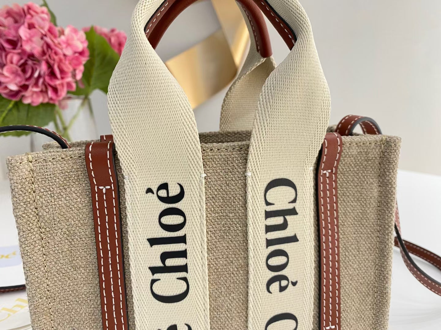 Bolsa Tote Couro Pequena Dois Tons Bege e Marrom