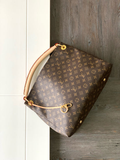 Bolsa Hobo Couro Padrão Monograma Geométrico Marrom