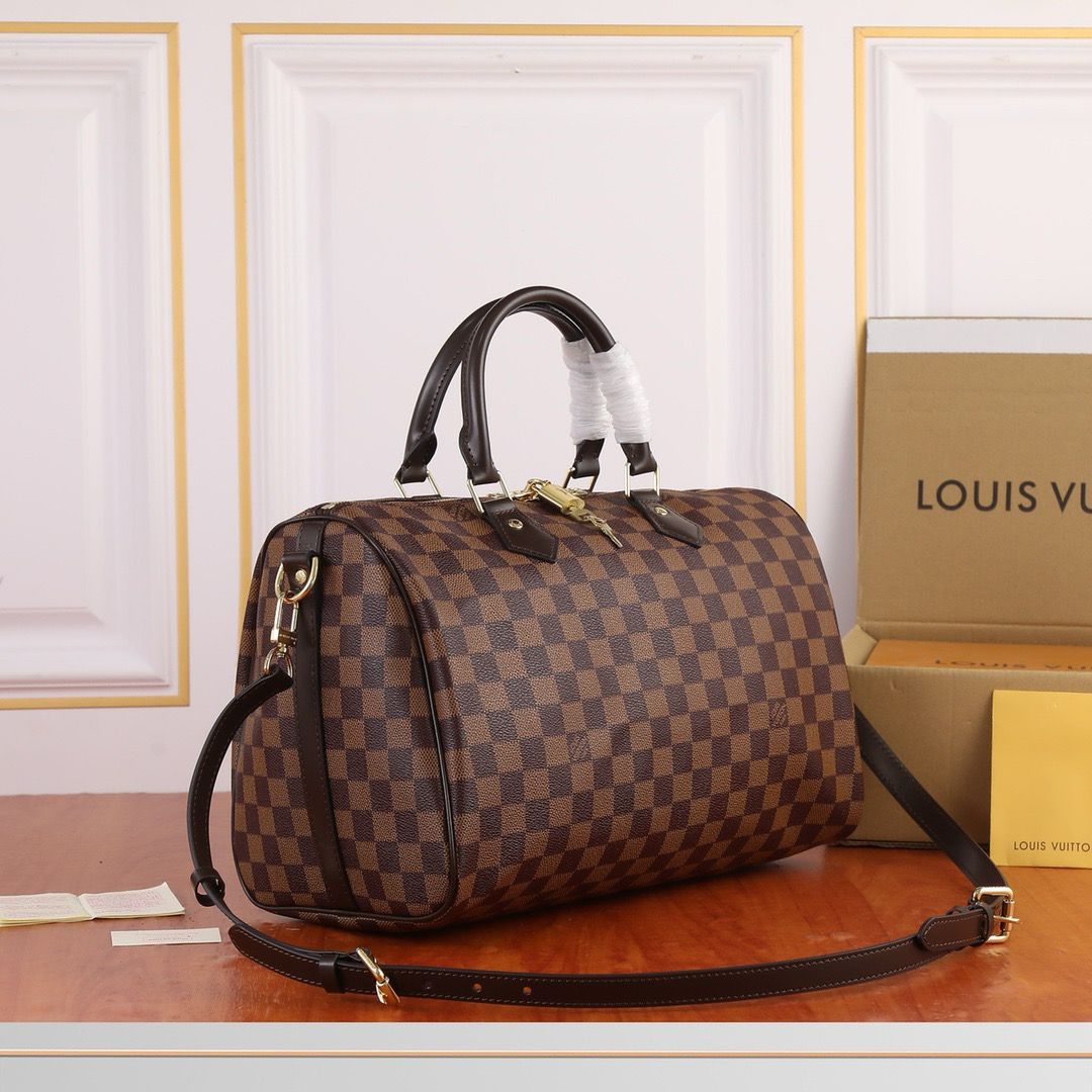 Bolsa Satchel Couro Padrão Quadriculado Marrom com Alça de Ombro