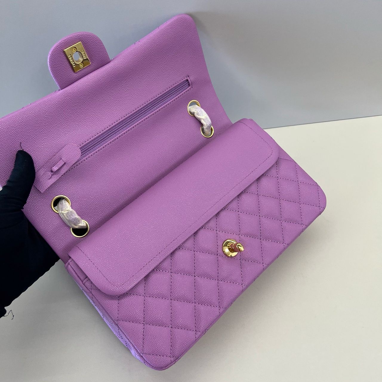Bolsa Couro Acolchoado Roxo Dupla Aba Pequena