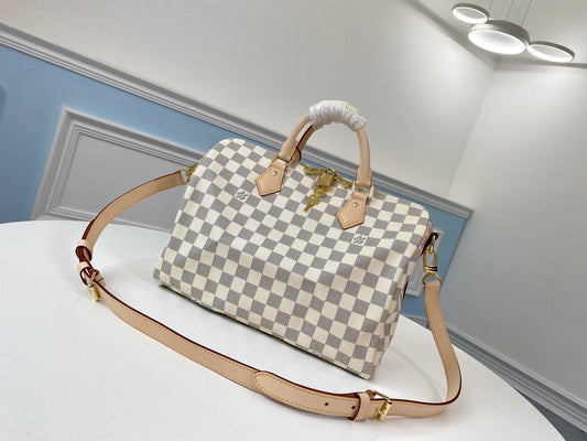 Bolsa Satchel Couro Padrão Quadriculado Azul Claro 30cm com Alça Removível