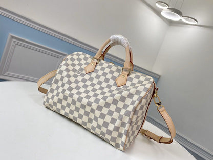 Bolsa Satchel Couro Padrão Quadriculado Azul Claro 30cm com Alça Removível