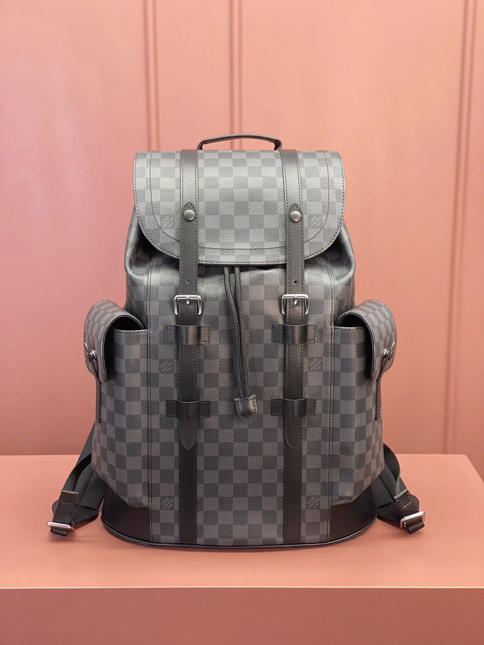 Mochila Couro Padrão Quadriculado Cinza Grafite