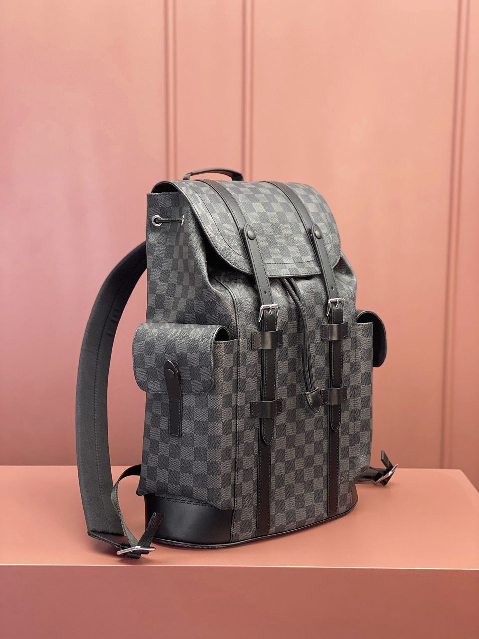 Mochila Couro Padrão Quadriculado Cinza Grafite