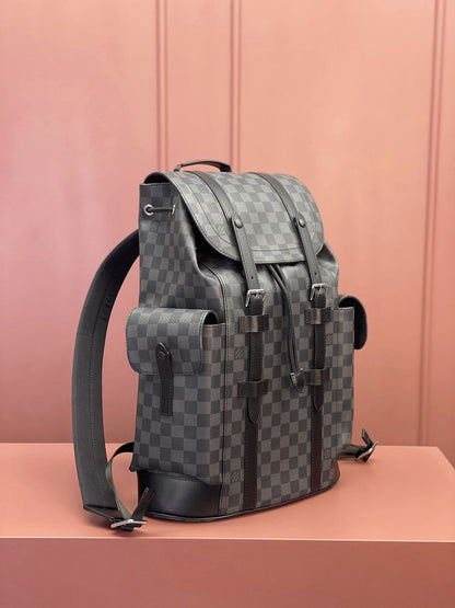 Mochila Couro Padrão Quadriculado Cinza Grafite