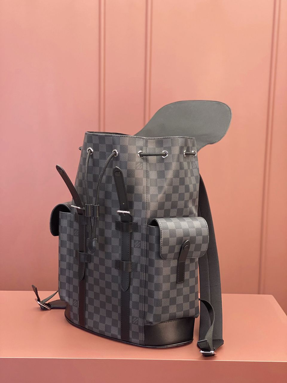 Mochila Couro Padrão Quadriculado Cinza Grafite