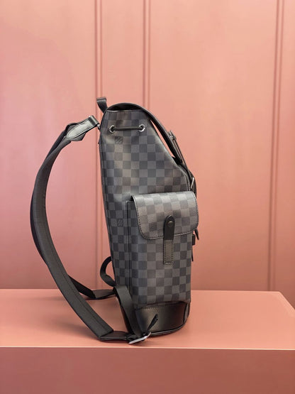Mochila Couro Padrão Quadriculado Cinza Grafite