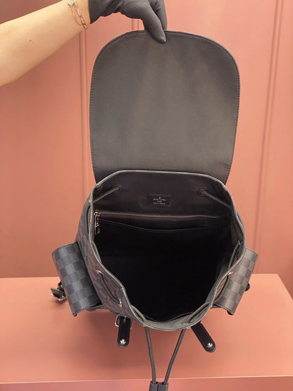 Mochila Couro Padrão Quadriculado Cinza Grafite