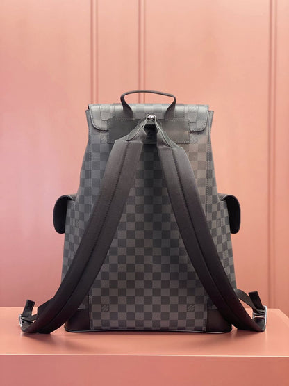 Mochila Couro Padrão Quadriculado Cinza Grafite