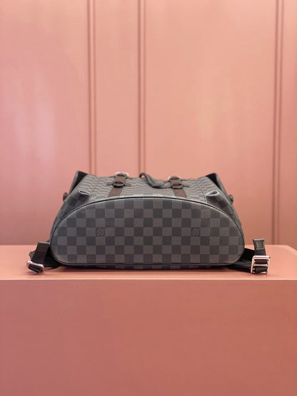 Mochila Couro Padrão Quadriculado Cinza Grafite