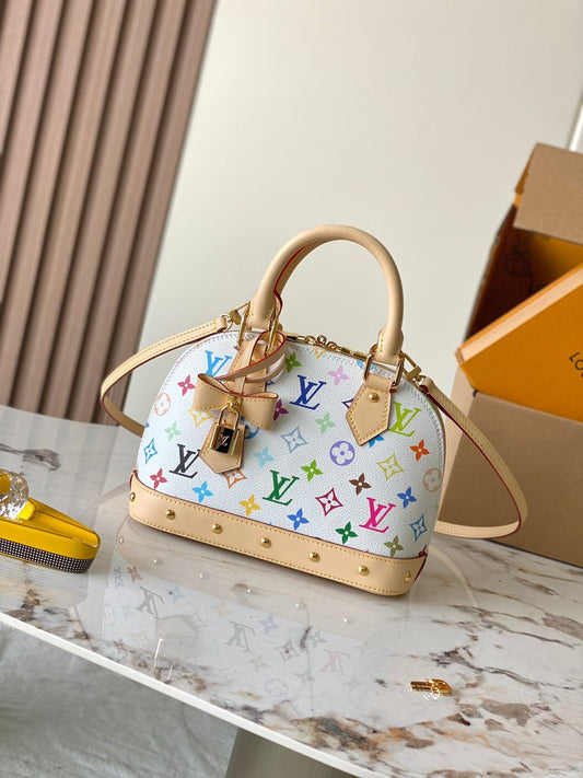 Bolsa Satchel Couro Padrão Monograma Geométrico Marrom Tamanho Pequeno