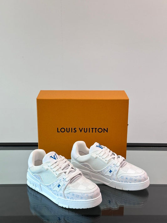 Tênis Couro Branco Detalhes Azul