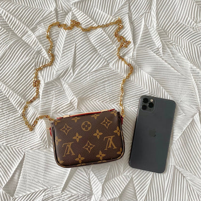 Bolsa Satchel Lona Padrão Monograma Geométrico Marrom Pequena