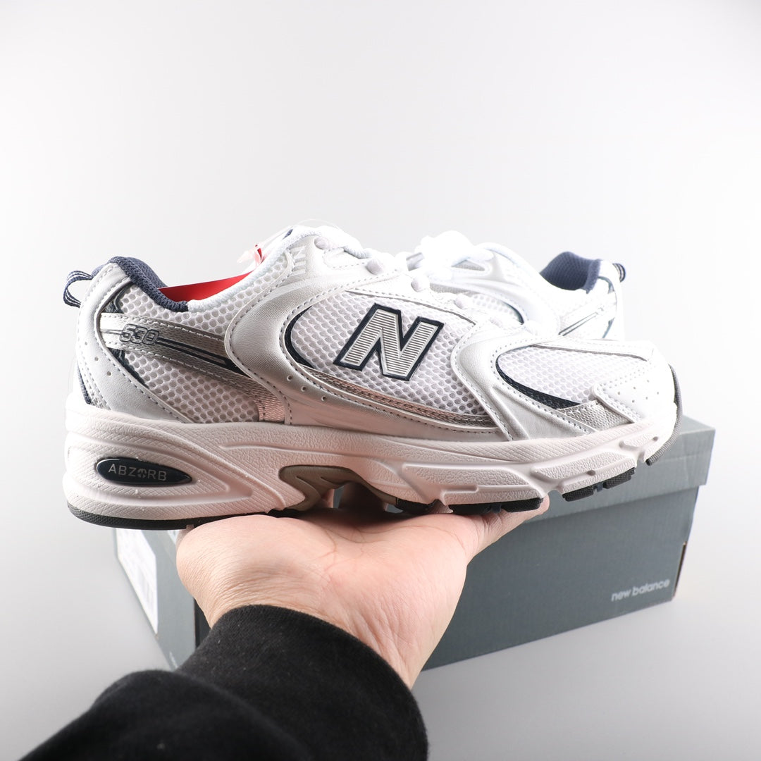 Tênis Runner Malha Branco Prata e Azul Marinho